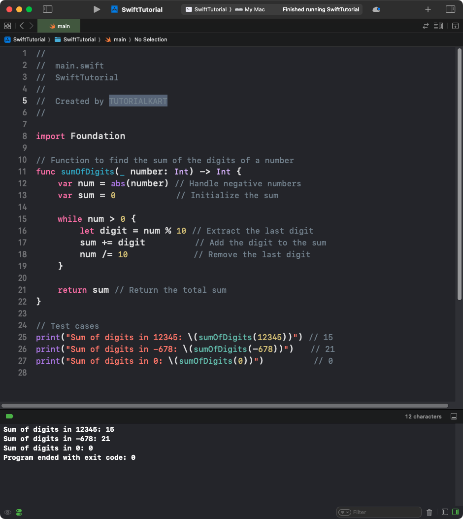 Swift Program to Find the Sum of Digits of a Number